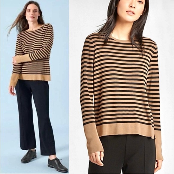 Eileen Fisher Silk Sweater Knit Top Stripe Pullover Boxy Tencel Black Tan Size M - Picture 1 of 8
